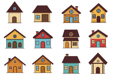 A colorful collection of simple flat design cartoon houses isolated on transparent cutout background, cut out, png