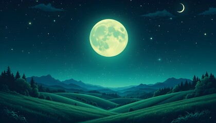 Fototapeta premium Full Moon and Starry Background Illustration Landscape Night Sky green