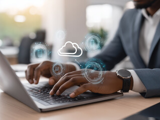 Businessman working on laptop with cloud computing icons overlay, representing data storage, network, and technology