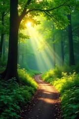 Sun-dappled forest path winding through lush greenery, sunlight filtering through leaves, creating a magical atmosphere Perfect for nature, travel, and environmental themes , wilderness, green