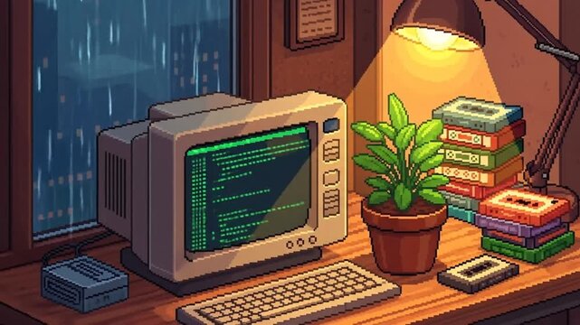 Cozy retro pixel art workspace with CRT computer and rainy window light.