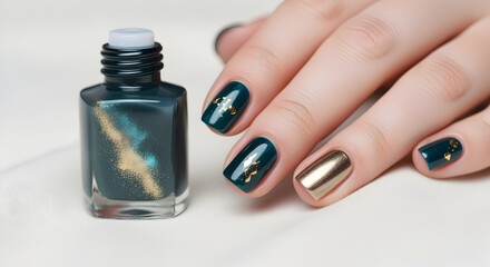 Elegant manicure featuring dark green and gold nail polish bottle and hand closeup view