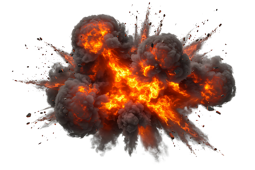 Realistic fiery explosion with thick black smoke clouds isolated on transparent cutout background, cut out, png