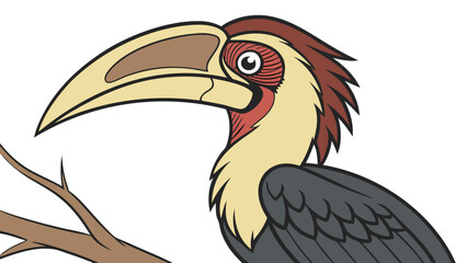 Fototapeta premium Cartoon Hornbill Bird Illustration Tropical Bird Character Wildlife Animal Design Exotic Bird Clipart Bird on Branch Jungle Bird Vector Illustration Colorful Bird Bird Graphic Animal Car.