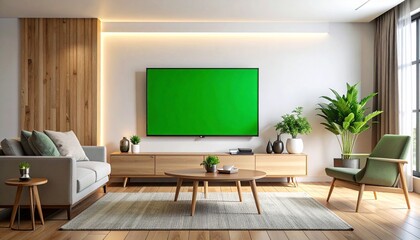 Modern minimalist living room interior with a large green screen television, offering a stylish and adaptable space for showcasing various digital content and design concepts