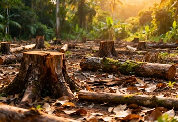 Fototapeta premium Deforestation, tree stumps and fallen logs in tropical forest at sunset with dry leaves, climate change and environment impact scene in warm golden light