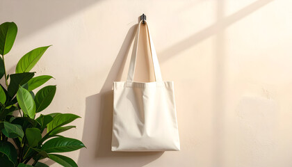 Canvas tote bag hanging on a hook against a wall.