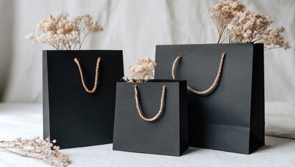 Three black paper shopping bags,  arranged in a row,  with small dried cream-colored flowers atop each.  Simple, elegant presentation on a light-colored surface