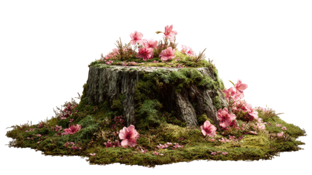 Mossy tree stump natural forest wood trunk green plant outdoor element object isolated on white background