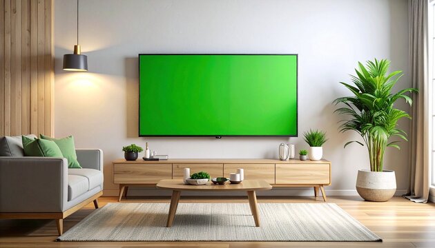 Contemporary living room interior with a large wall-mounted television featuring a green screen for mockup or streaming content