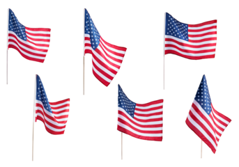 Collection of United States flag isolated on transparent background, symbol of unity and freedom. US flags great for graphic design, posters, and patriotic holiday projects.