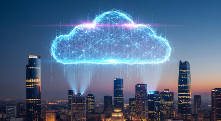 A digital cloud made of a plexus network, symbolizing cloud computing, data storage, and big data technology.