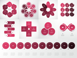 Set of creative infographic templates with 2, 3, 4, 5, 6, 7, 8, 9 and 10 options, parts or processes.