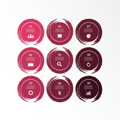 Step by step infographic template with 9 options, parts or processes.