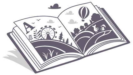 Open book illustration whimsical landscape childrens book design storybook pages vector art fairytale adventure open book graphic reading education literature book illustration fantas.