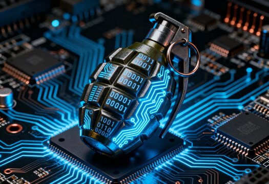 Cyber threat concept with hand grenade on motherboard, glowing circuitry and binary code symbolizing malware, hacking and digital risk in technology hardware security