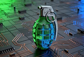 Cybersecurity threat concept with digital grenade on circuit board, binary code and neon lighting for hacking, malware and cyberattack risk in technology environment