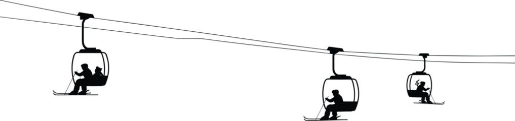 Silhouette of ski lift with people skiing, cable car transportation, winter sports activity, mountain skiing, outdoor adventure, cold weather fun