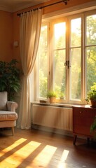 Fototapeta premium Sunlight streams through bright, clean windows illuminating dust motes dancing in the golden rays A cheerful, vibrant scene perfect for home, lifestyle, or real estate imagery , light, motes