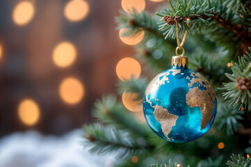 Obraz premium Christmas Tree Ornament Globe – Close-Up of Earth-Shaped Bauble Hanging on Tree