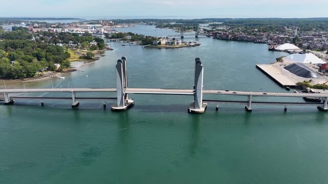 Aerial view of the Sarah Mildred Long Bridge spanning the Piscataqua River in Portsmouth, New Hampshire.