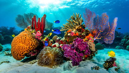 Naklejka premium A vibrant coral reef teeming with colorful fish and diverse marine life under the crystal clear waters of the ocean