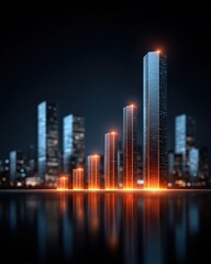 Fototapeta premium Futuristic City Skyline with Abstract Bar Graph Representing Growth and Success in a Digital Environment
