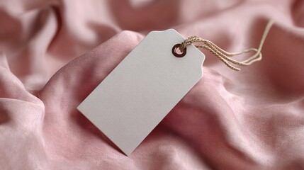 White blank tag on pink silk background for branding and retail