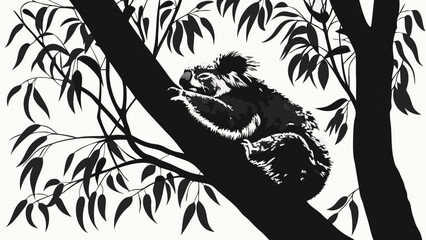 Obraz premium Stylized Koala Bear in Tree Black and White Illustration Wildlife Art Monochrome Animal Print.