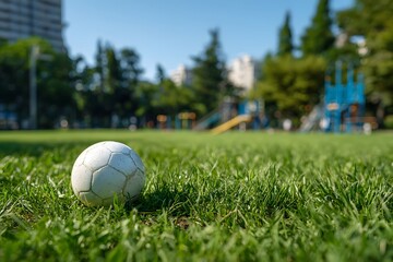 Ball on bright green grass with playground background perfect for wide web banners.