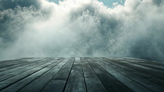 Wooden Deck Under Cloudy Sky.