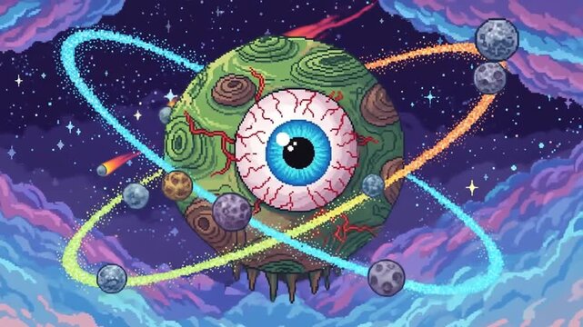 Surreal eyeball planet illustration with orbiting moons and neon comet trails.