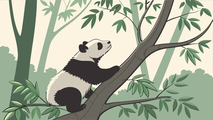 Obraz premium Giant Panda Bear Climbing a Tree in a Lush Forest Illustration.