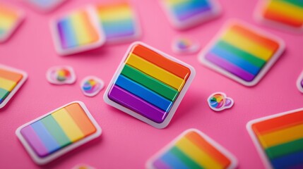 A bunch of rainbow stickers on a pink background. The stickers are in different shapes and sizes. Some are square, while others are rectangular