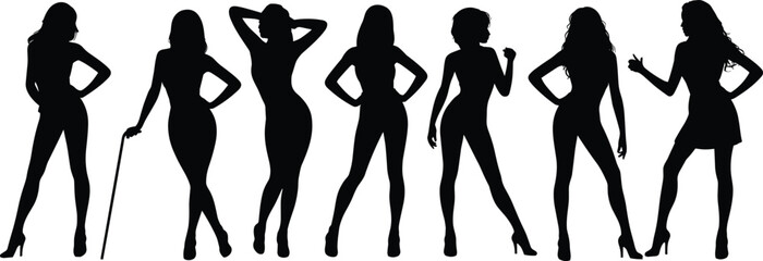Silhouette of stylish women posing in different fashion model positions, female elegance, beauty, glamour, confidence, high heels, vector illustration