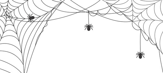 Black and white spiderweb header hanging spider silhouettes and intricate cobweb lines, decorative border for halloween designs, banners, invitations, posters, spooky frame vector illustration.