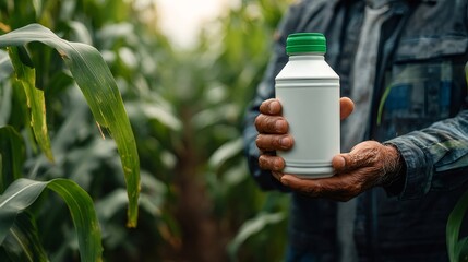 Farmer holding pesticide bottle in corn field for pest control