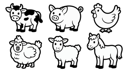 Fototapeta premium Adorable farm animals set featuring cow, pig, chicken, sheep, lamb, and horse for kids