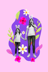 Obraz premium Collage with funny people among colorful flowers symbolizing family parentship friendship love dating romance relationships