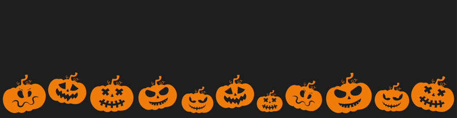 Pumpkin border design row of jackolantern silhouettes and orange cartoon faces on black banner, ideal for halloween background poster party decoration or seasonal vector illustration