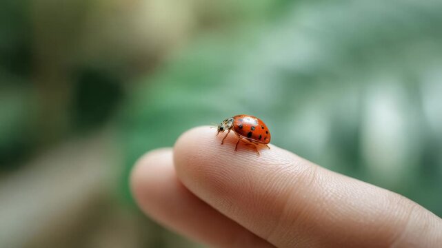 Delicate ladybug moving gracefully across human fingertip, displaying intricate patterns and gentle walking behavior against softly blurred green natural backdrop