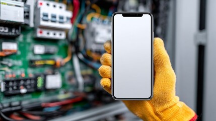 Electrician holding smartphone with blank screen in front of fuse box