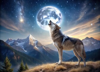 A majestic gray wolf in a remote mountain range howls at the full moon under a starry sky