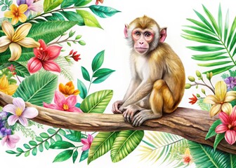 Obraz premium Monkey sitting on tree branch on white background with tropical leaves and colorful flowers