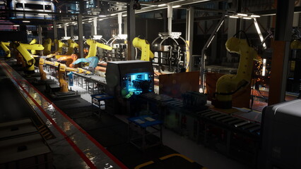In a factory setting, an automated conveyor belt system features multiple robotic arms efficiently processing items. The workspace is brightly lit, showcasing advanced technology at work.
