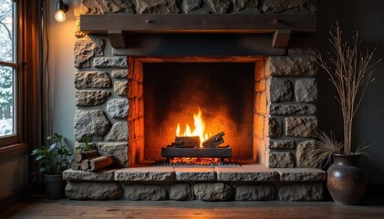 Warm, inviting glow of a fireplace casting a cozy ambiance on a rustic stone wall  Perfect for home decor, winter themes, and relaxation concepts , cabin, background, design