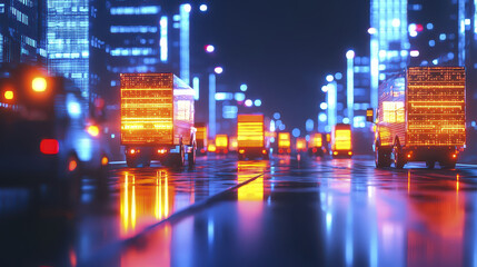 Vibrant cityscape featuring illuminated trucks futuristic street, showcasing cyberpunk aesthetic with neon lights
