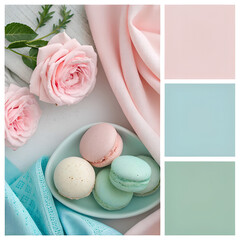 Soft pastel macarons and roses in a delicate arrangement with color palette