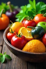 A vibrant close-up of a bowl overflowing with colorful, freshly-picked fruits and vegetables, emphasizing their natural fibers and healthy textures , fresh, food