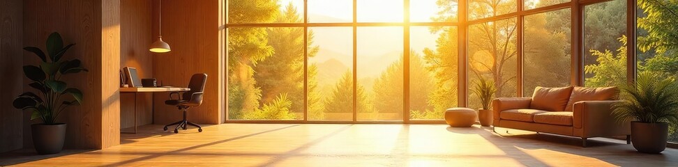 Warm sunlight streams through a large window, illuminating a bright and welcoming interior space, perfect for a grand opening or a fresh start , relaxing, comfortable, light